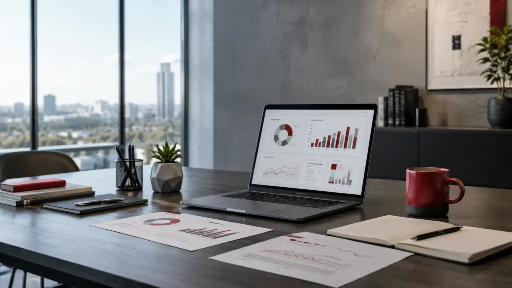 Business Analytics: laptop con grafici, report e indicatori per l’analisi dei dati aziendali e la valutazione degli scenari.