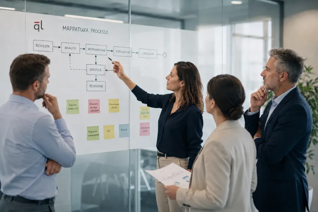 Team in riunione davanti a una mappa di processo per l’analisi e l’ottimizzazione dei processi aziendali.