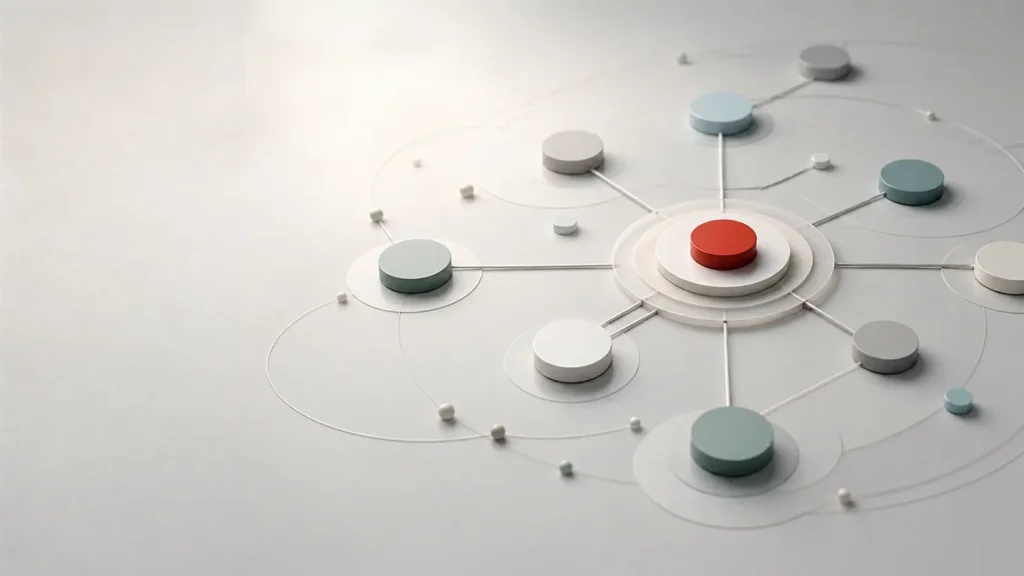 Visual astratto che rappresenta la continuità operativa e la Business Continuity come rete di processi e funzioni collegate