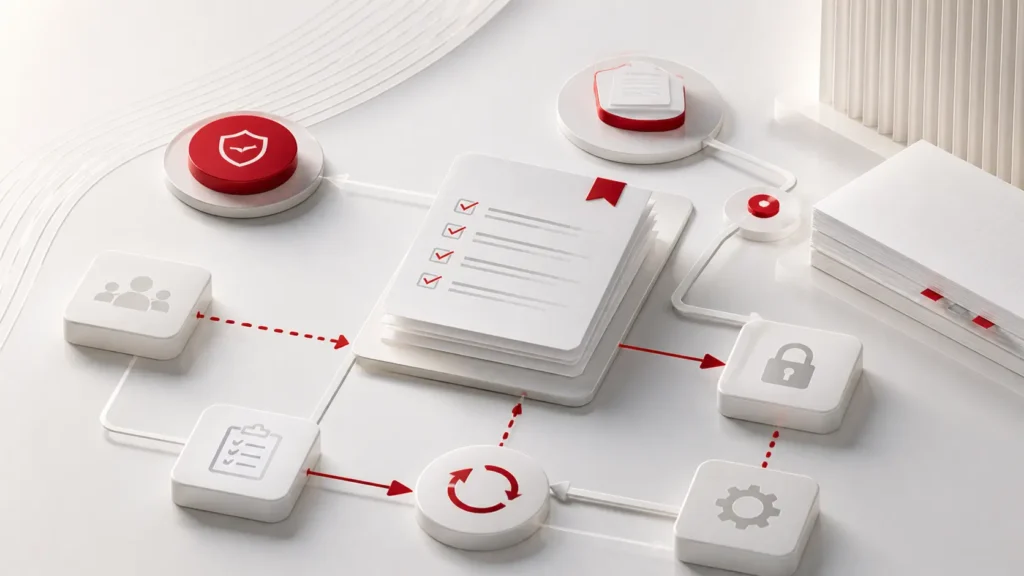 Visual astratto del Business Continuity Plan con checklist, procedure e workflow operativo