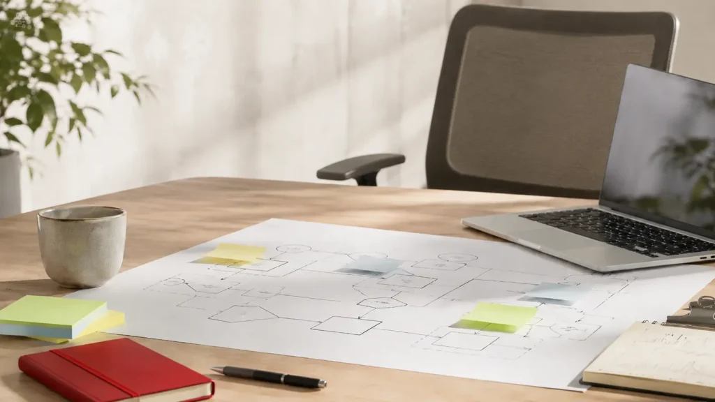 Scrivania con laptop, diagramma di processo, post-it e agenda rossa, immagine dedicata al Lean Management e al miglioramento continuo dei processi aziendali.