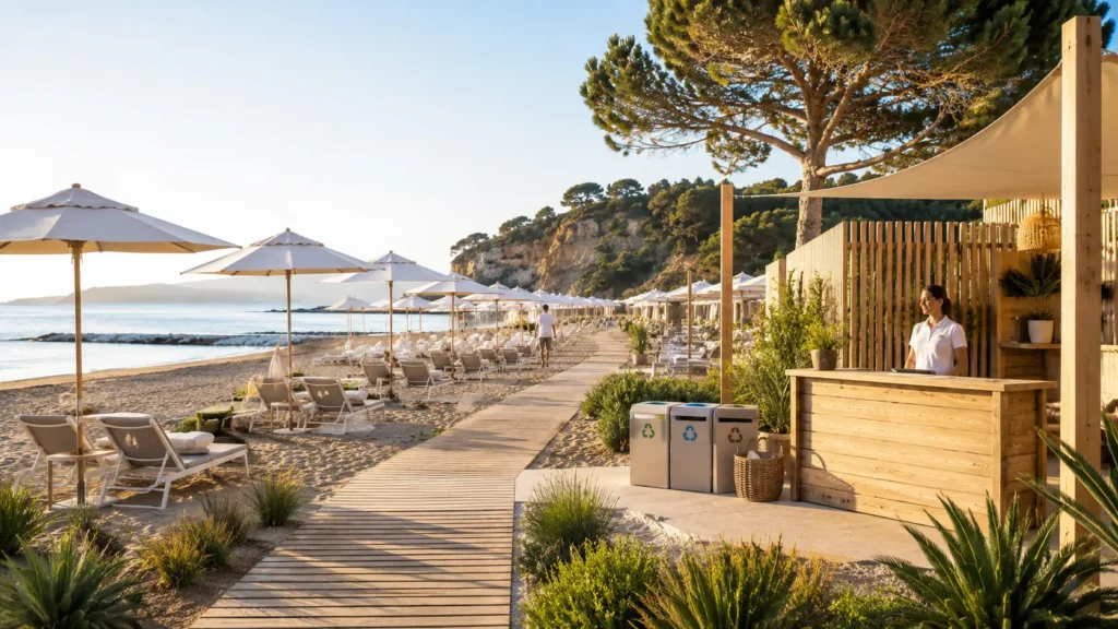 Stabilimento balneare organizzato secondo la UNI ISO 13009, con spiaggia attrezzata, passerella, servizi e gestione sostenibile.