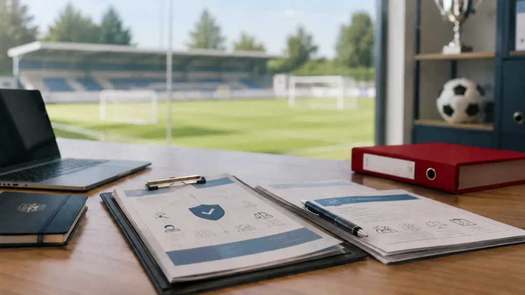 Documenti MOCAS e Modello 231 nelle società sportive su una scrivania con campo sportivo sullo sfondo.