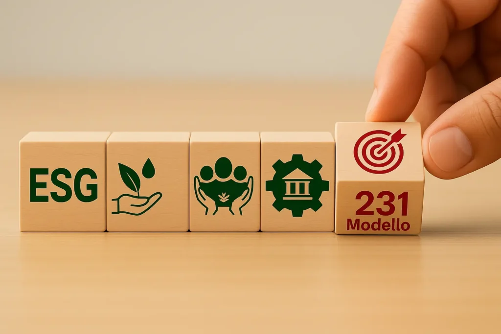 Cubi in legno con simboli ESG e Modello 231 per rappresentare sostenibilità, governance e controlli aziendali.