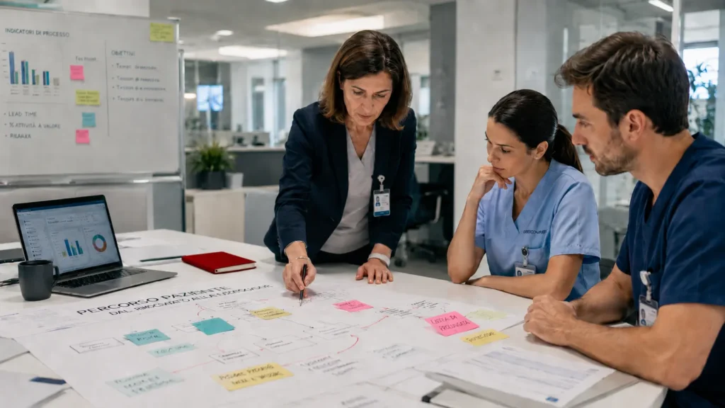 Team sanitario che analizza una mappa dei processi per applicare il Lean Management in sanità