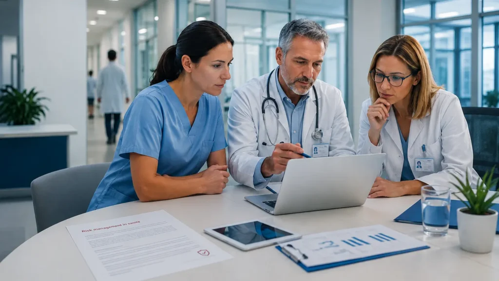 Team sanitario in riunione per analizzare processi, documenti e rischio clinico nell’ambito del risk management in sanità.