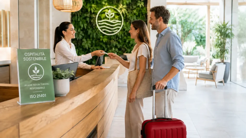 Accoglienza in hotel sostenibile con riferimento alla ISO 21401 per strutture ricettive.