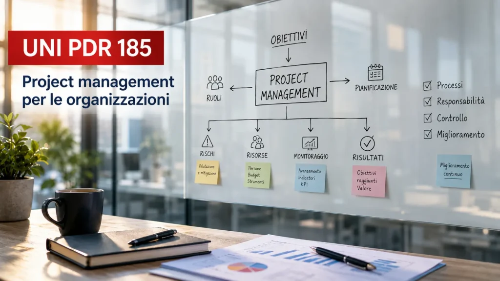 Schema di project management organizzativo su lavagna con riferimento alla UNI PDR 185
