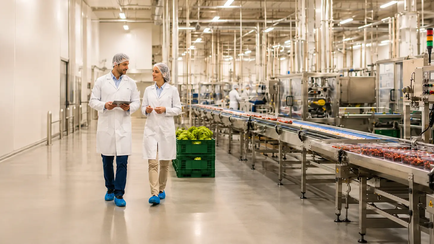 Consulenza agroalimentare in uno stabilimento produttivo durante l’analisi dei processi.