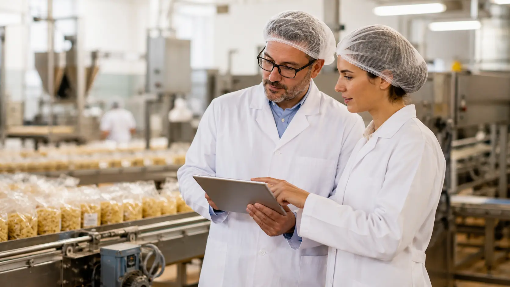 Responsabili di produzione e qualità analizzano i processi in uno stabilimento agroalimentare