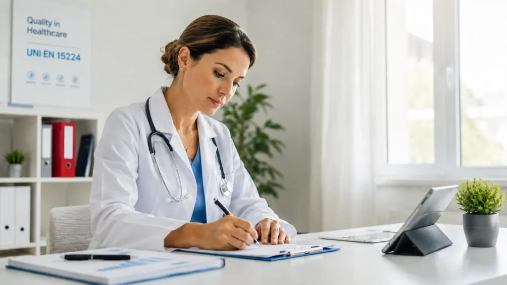 Medico in studio sanitario mentre compila documentazione per il sistema qualità UNI EN 15224.