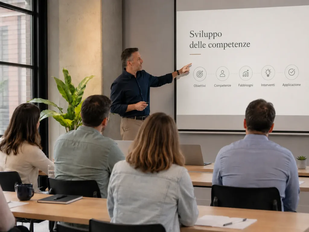 Gruppo di professionisti durante un incontro di formazione aziendale dedicato allo sviluppo delle competenze.