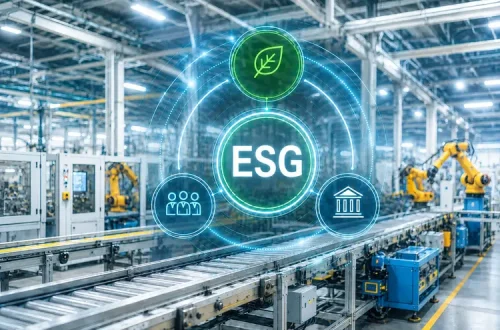 ESG nel settore manifatturiero con linea produttiva automatizzata e riferimenti alle dimensioni ambientale, sociale e di governance.