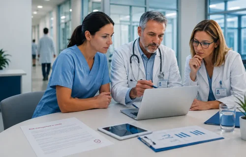 Team sanitario in riunione per analizzare processi, documenti e rischio clinico nell’ambito del risk management in sanità.