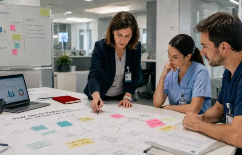 Team sanitario che analizza una mappa dei processi per applicare il Lean Management in sanità